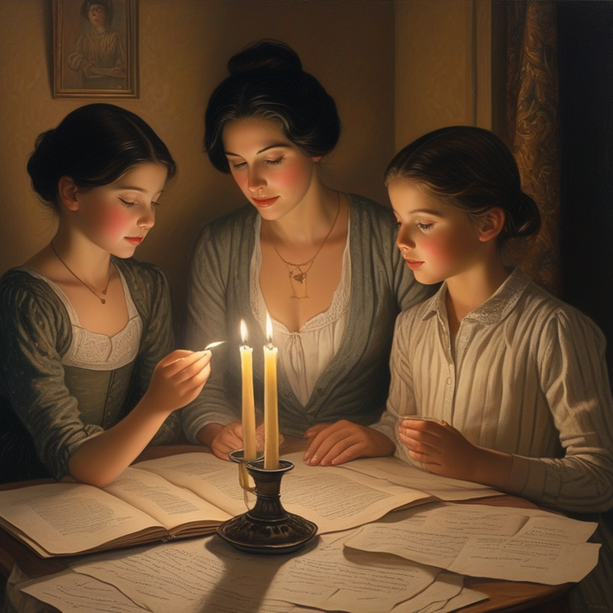 A Moment of Shared Mystery: Three Women Gather Around a Candlelit Book