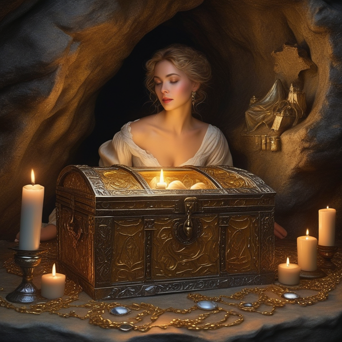 Enchanted Treasure: A Woman’s Captivating Gaze in a Dimly Lit Cave