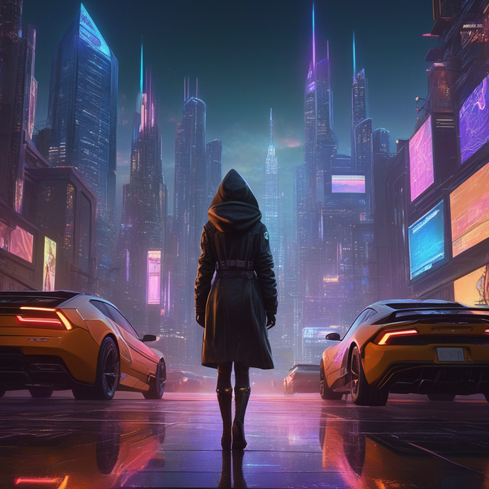 Lost in Neon: A Solitary Figure in a Futuristic Cityscape