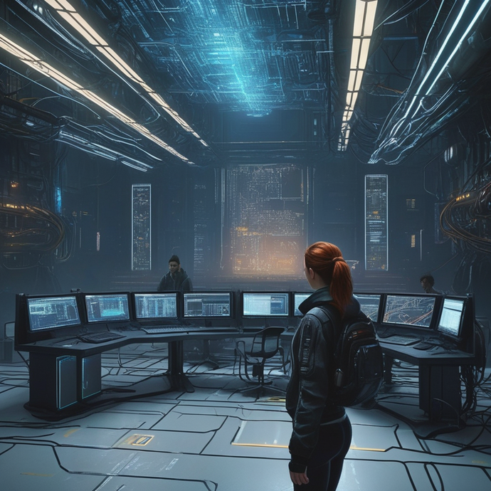 A Lone Figure in a Futuristic Control Room