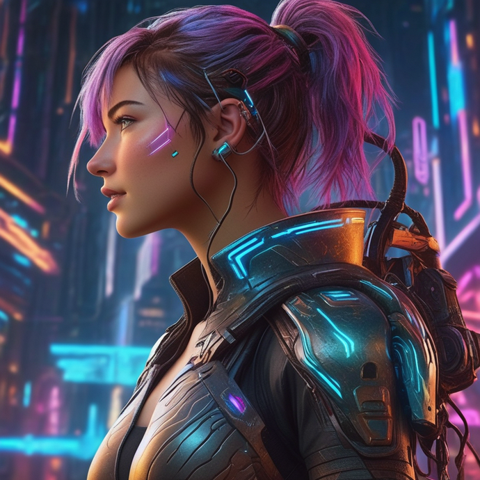 Cyberpunk Enigma: A Woman of Steel in a Neon City