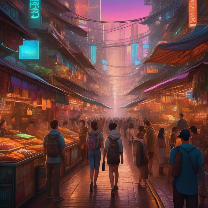 Neon Dreams: A Futuristic Market Under a Hazy Sunset