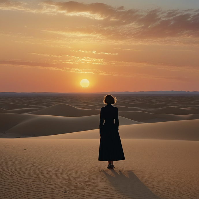 Silhouette of Solitude: A Woman’s Moment in the Desert Sunset