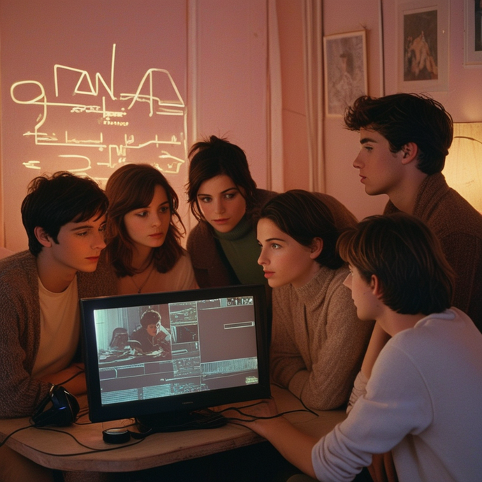 Five Friends Huddle Around a Screen in a Mysterious Room