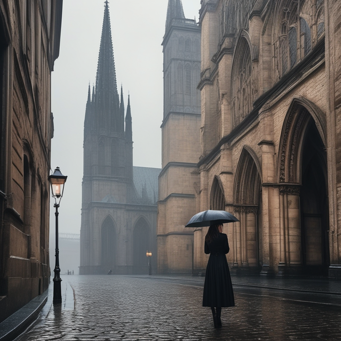 Lost in the Mist: A Solitary Figure Amidst Gothic Grandeur