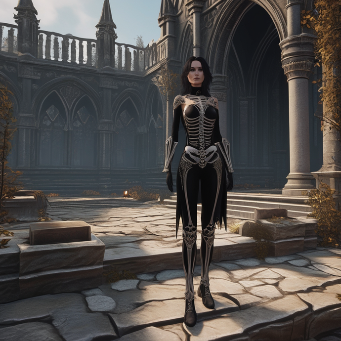 Haunting Beauty: A Woman in Skeletal Attire Before a Gothic Cathedral