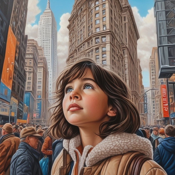 A Dreamy Glance Upward: A Young Girl Finds Wonder in the City