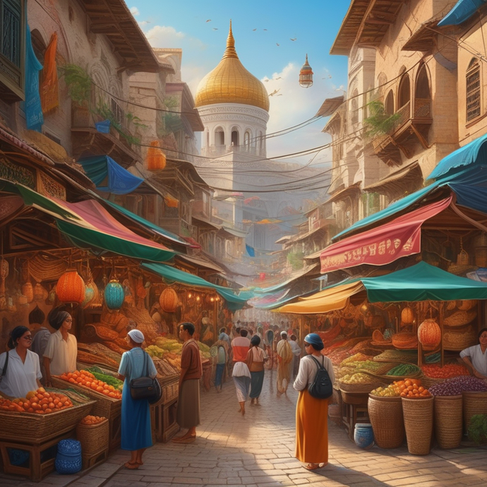 A Vibrant Medieval Marketplace Under a Golden Dome