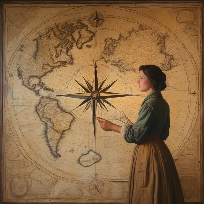 A Journey Begins: Woman Points to the Compass Rose on an Antique World Map