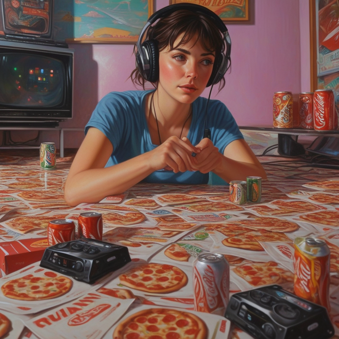 Surreal Feast: A Young Woman’s Unsettling Pizza Paradise