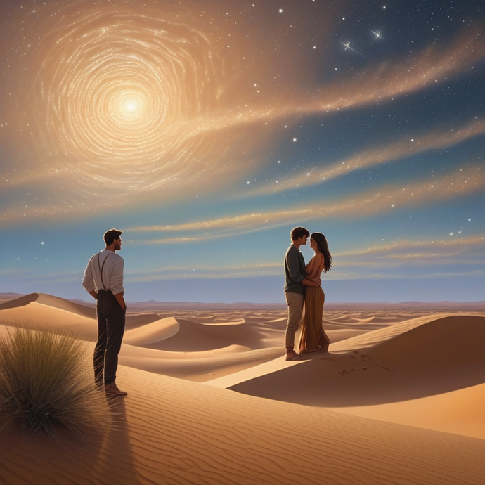 Lost in the Stars: A Couple’s Embrace Under a Swirling Sky