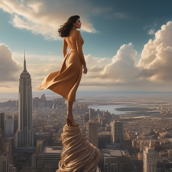 Golden Dreams: A Woman’s Powerful Stance Above the City