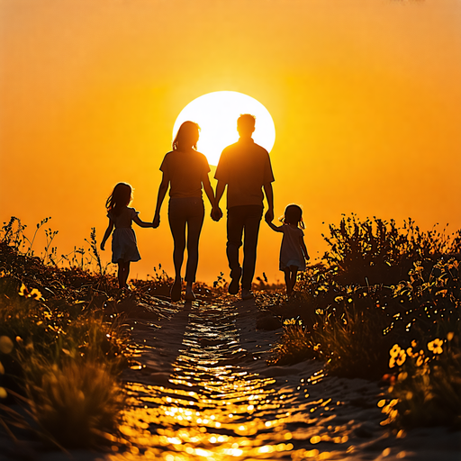 Silhouettes of Hope: A Family Walks Towards the Setting Sun