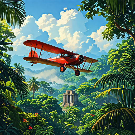 Adventure Awaits: Biplane Soars Over Mysterious Jungle