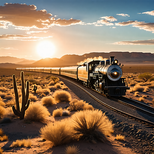 Nostalgia on Rails: A Vintage Train Chugs Through the Desert Sunset