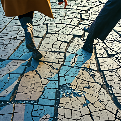 A Crack in the Path: Two Figures Walk Towards an Uncertain Future