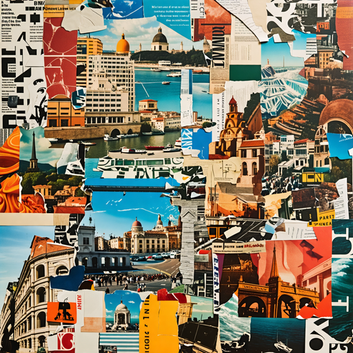 A Whimsical Journey Through Time: A Collage of Torn Postcards