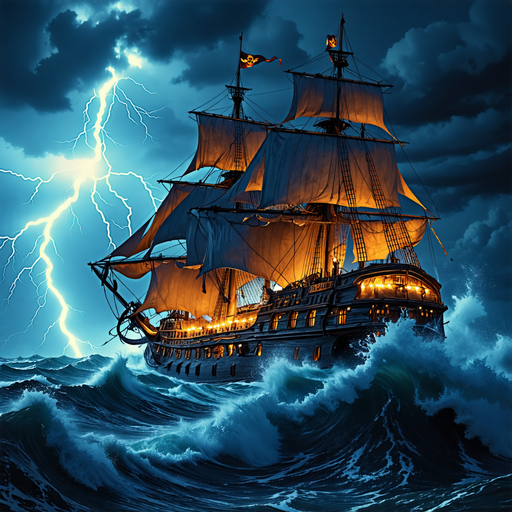 A Ship Battles the Storm, Lit by Lightning’s Fury