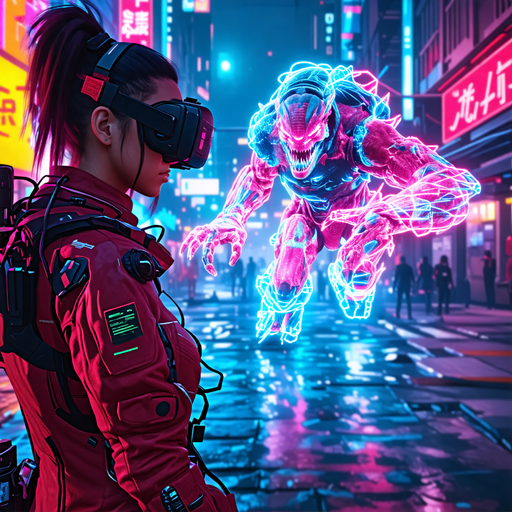 Cyberpunk Showdown: Woman in Red Faces Neon Monster