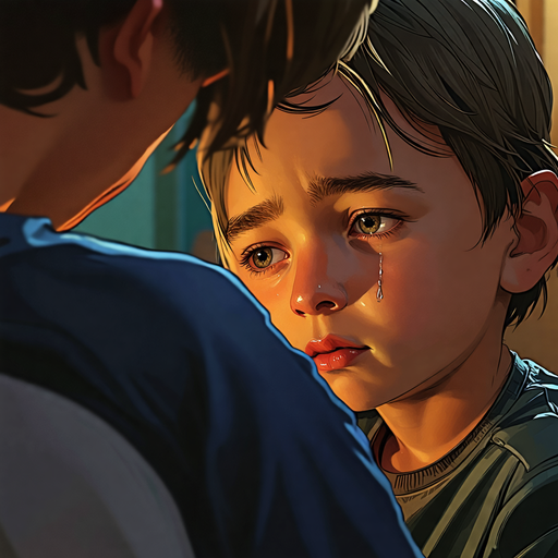 A Tearful Glance: A Boy’s Vulnerability in the Warm Light