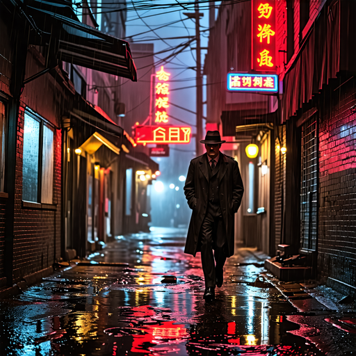 Lost in the Neon Rain: A Man’s Shadowy Journey