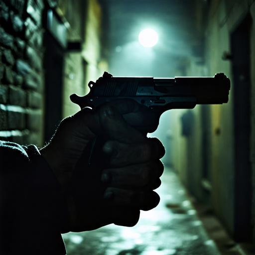 Shadow of Suspense: A Hand, a Gun, and a Dark Alley