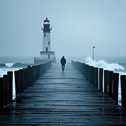 A Lone Figure Braves the Storm, Seeking Hope in the Lighthouse