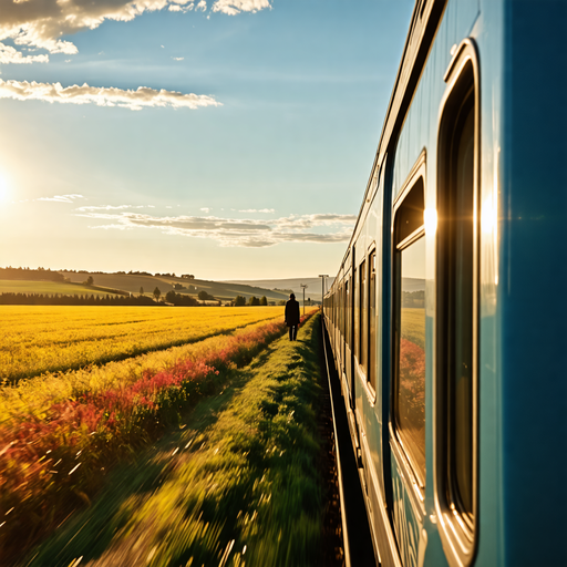 Solitude and Sunset: A Figure Walks Beside a Train Through a Field of Gold