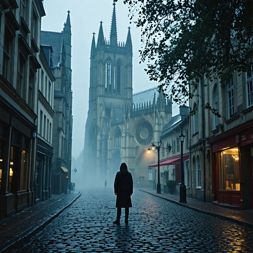 Lost in the Fog: A Solitary Figure Amidst a European Cathedral