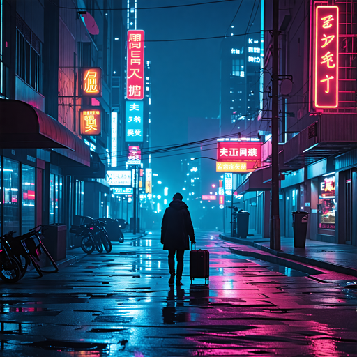 Lost in the Neon Glow: A Lonely Figure in a Cyberpunk Cityscape