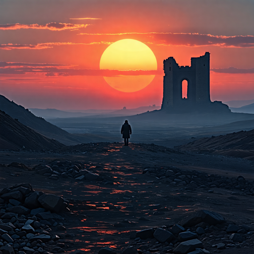 Silhouetted Against the Setting Sun: A Lone Figure Walks Towards Ruin