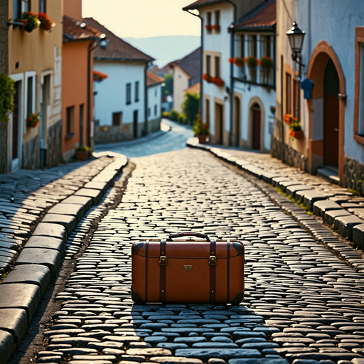 A Vintage Suitcase Beckons on a Cobblestone Path