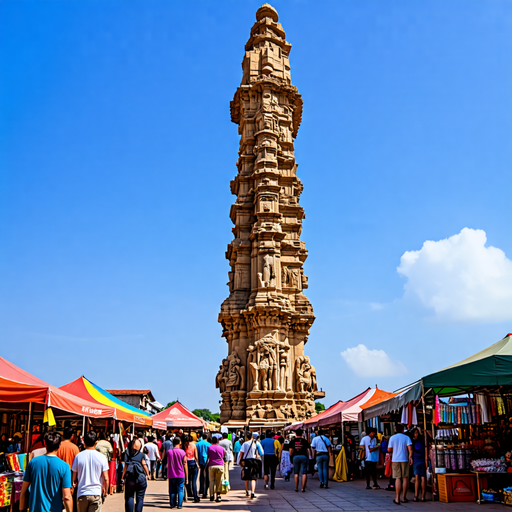 Ancient Tower Soars Above Bustling Marketplace