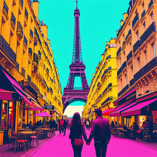 Parisian Romance: A Whimsical Street Scene with the Eiffel Tower