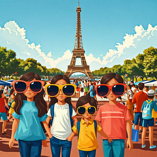 Eiffel Tower Fun: Kids Strike a Pose with Giant Sunglasses