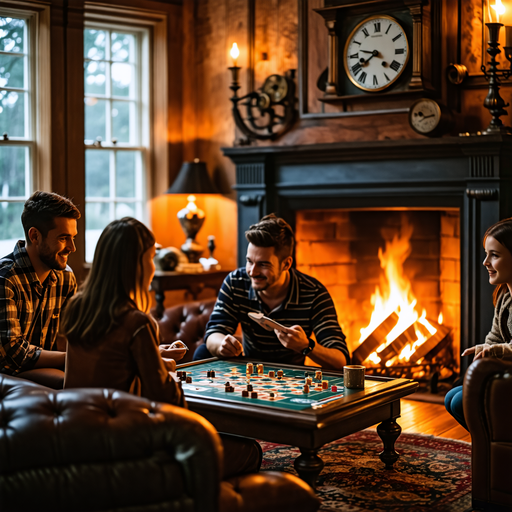 Cozy Fireplace Fun: Friends Gather for a Board Game Night