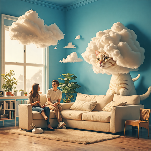 Whimsical Living Room with Cloud Cat