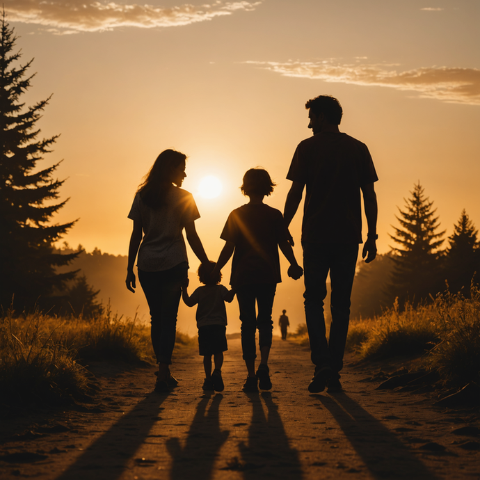 Silhouettes of Hope: A Family Walks Towards the Sunset