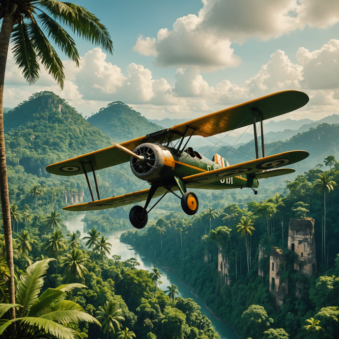 Vintage Biplane Soars Through Lush Jungle