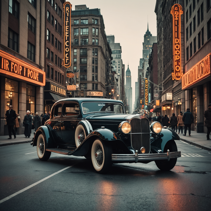 Neon Dreams: A Vintage Car Cruises Through City Lights