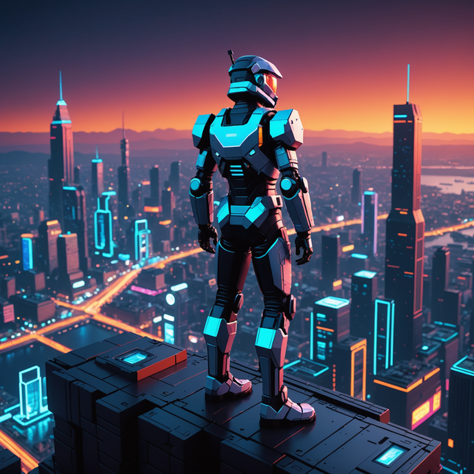 Solitary Sentinel: A Robot Surveys the Cyberpunk Cityscape