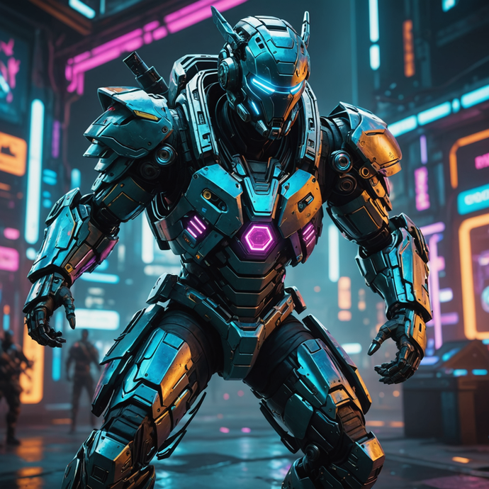 Cyberpunk Colossus: A Metallic Giant in a Neon City