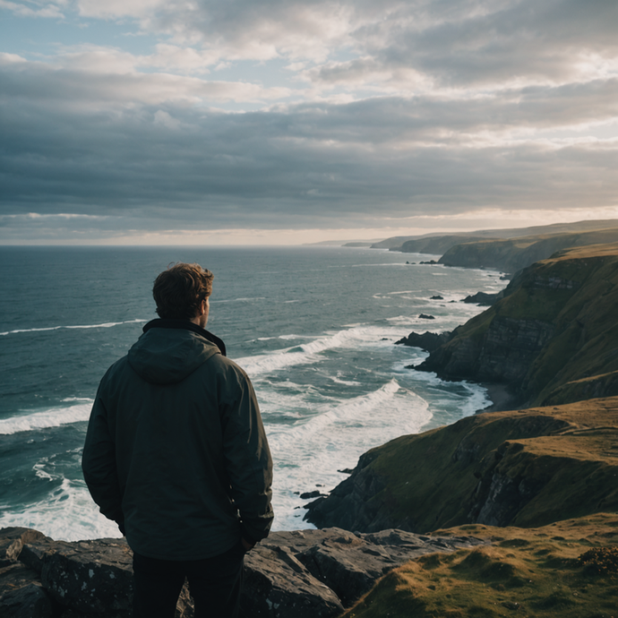 Solitude on the Edge: A Figure Contemplates the Vastness of the Sea