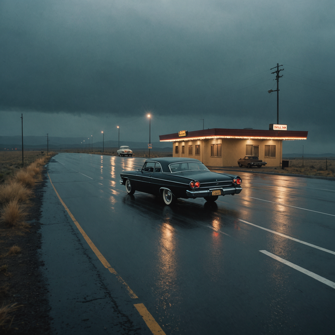 Nostalgia on a Wet Road: A Vintage Car Under a Stormy Sky