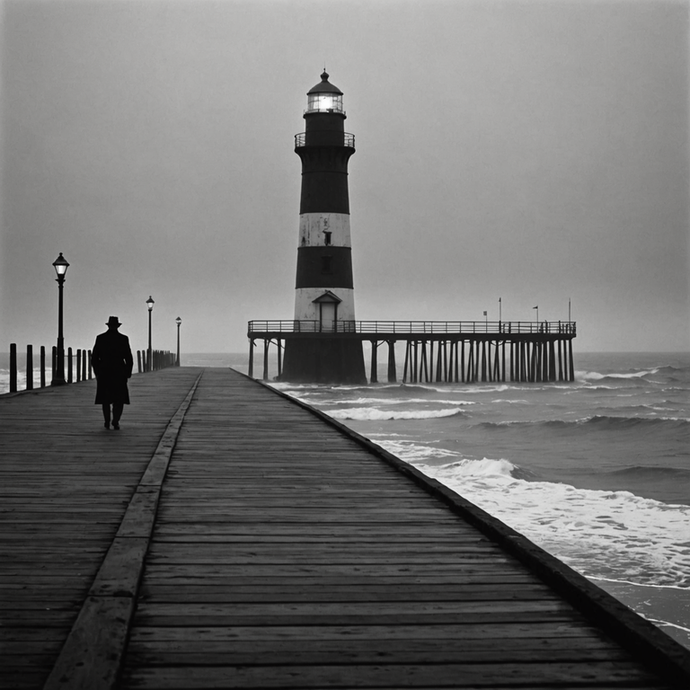 A Solitary Figure Walks Towards the Lighthouse in a Misty, Melancholy Scene