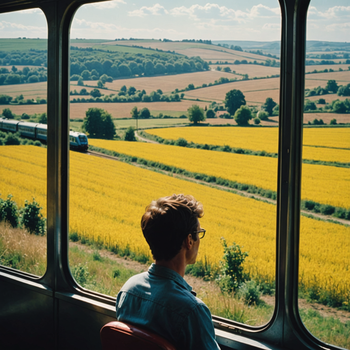 Contemplation on the Rails: A Man Finds Peace in the Vastness of the Field