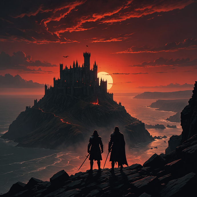 Silhouettes of Destiny: A Castle, Two Figures, and a Sunset Sky