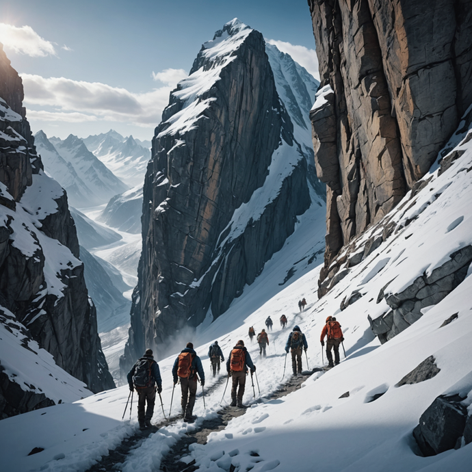 Majestic Mountain Ascent: Hikers Conquer a Snowy Pass