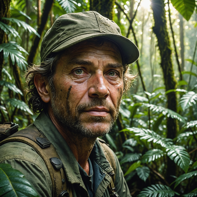 Lost in the Jungle: A Man’s Stoic Gaze Amidst the Dappled Light