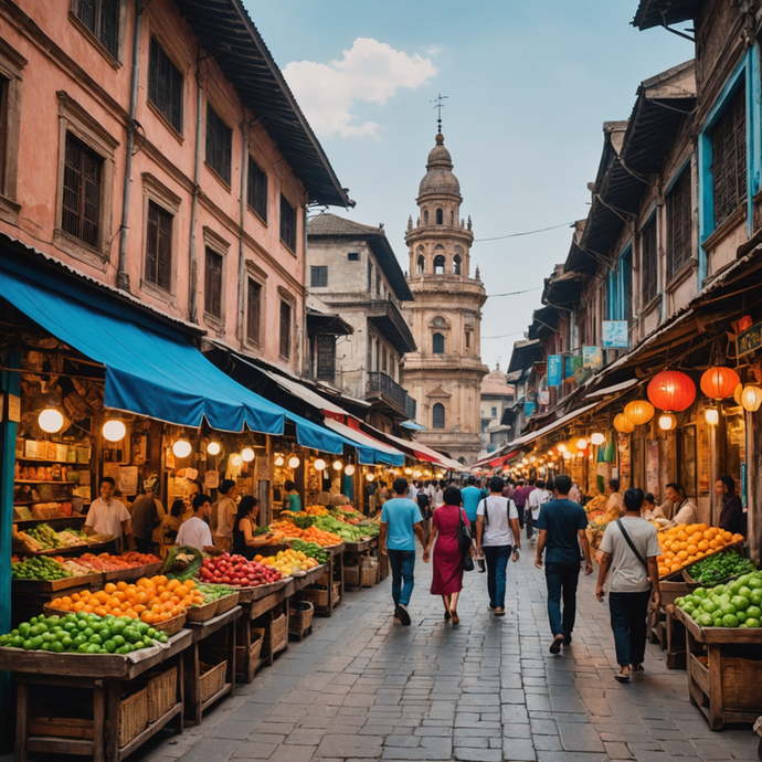 A City Awakens: Vibrant Street Market Under a Majestic Spire